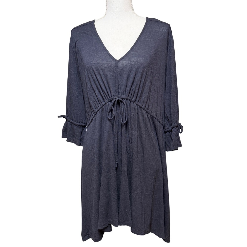 Free People FP Beach Womens Grey Linen Blend V-Neck Drawstring Mini Dress Size S